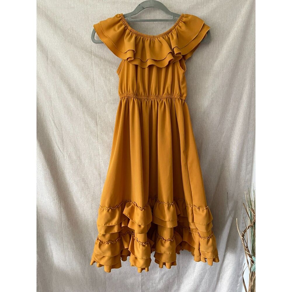 BMG Mustard Yellow Off The Shoulder Tiered Ruffle Midi Dress Girls Size 10Y